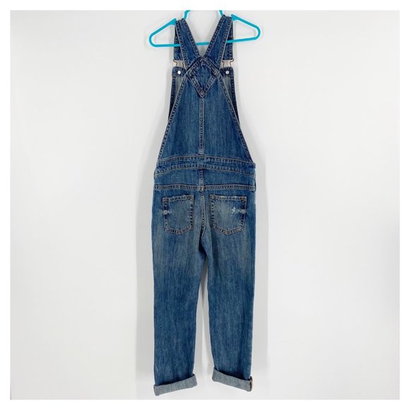 GAP Denim Overalls Girls Size S Distressed Roll Cuff Hem Bib Patch Pocket - Picture 3 of 9